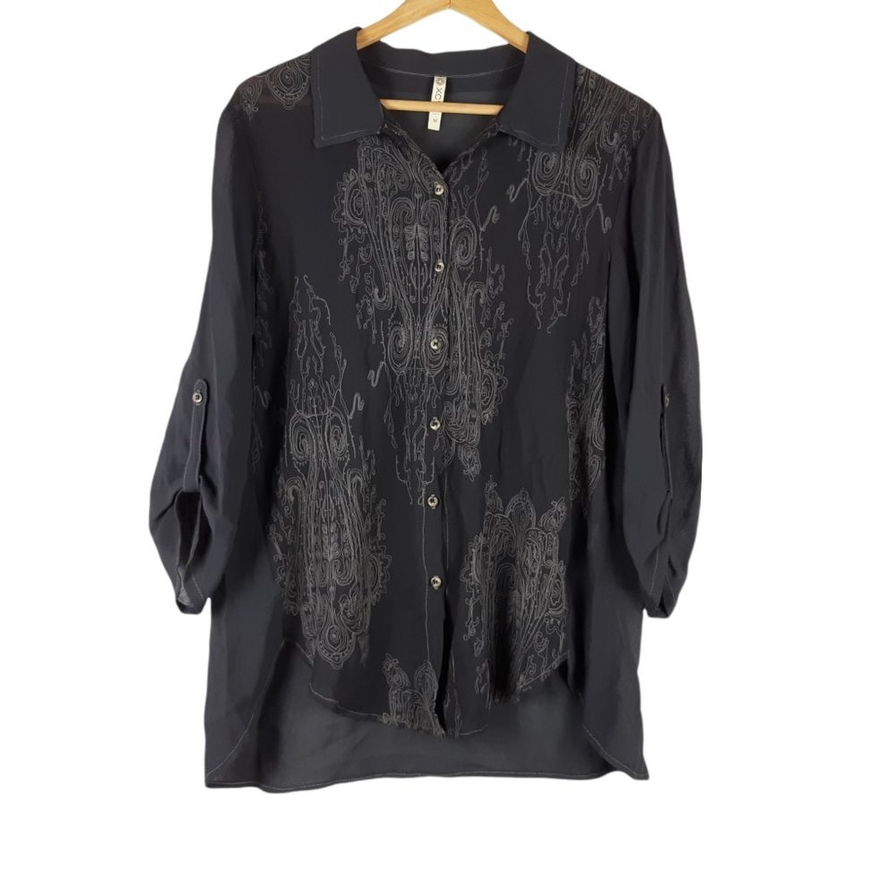 XCVI Button Up Stitch Blouse Embroider Gray Size Medium - Picture 2 of 7